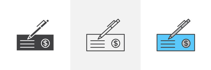 Transaction Cheque Icon Set. Icons for Banking and Payments.