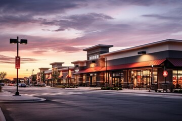 A Bustling Suburban Shopping Center at Dusk with a Variety of Unique Retail Stores