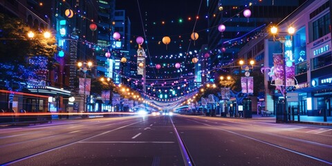 Vibrant Nighttime Cityscape with Illuminated Streets and Hanging Lights