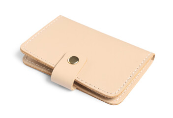 Beige credit card holder on white background, closeup