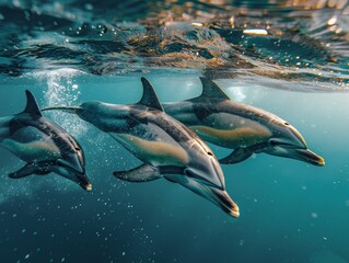 Fototapeta premium Dolphins are swimming underwater in ocean during summer