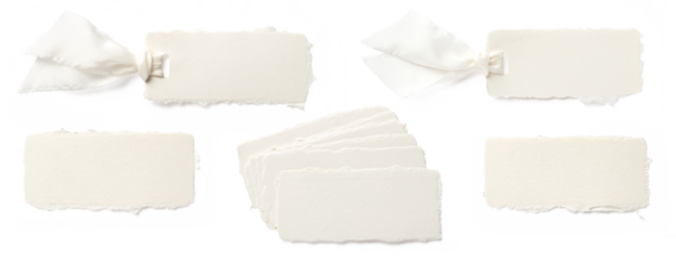 set of blank deckle edged handmade paper place cards or hangtags isolated over a transparent background, single, in a stack and with silk ribbon, mockups for wedding table settings or branding 