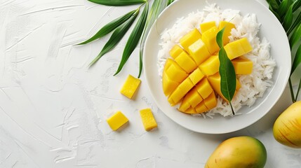 Minimalist design featuring sticky rice with mango slices