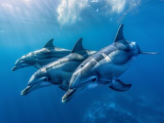 Obraz premium Dolphins are swimming underwater in ocean during summer