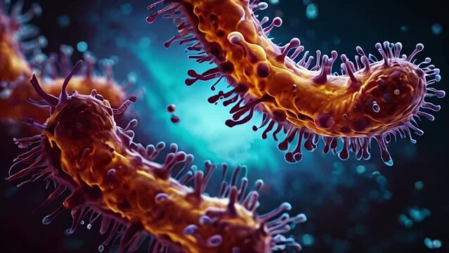 a bacteria of Mycoplasma pheumonia,macro.Neon art.Peach Fuzz colour of Pantone.