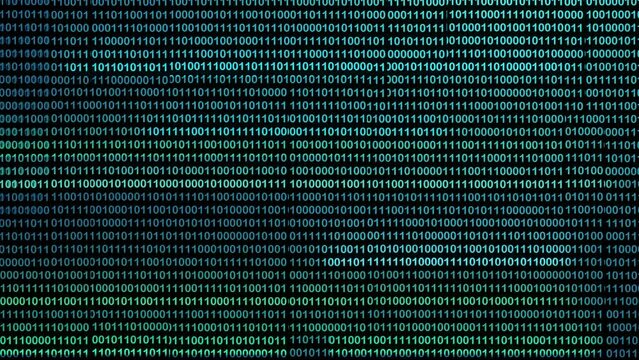 Abstract binary code on computer screen. Digits 0 1 displayed on monitor device. Programming, computing and big data pattern. 4K video animation 3d rendering.