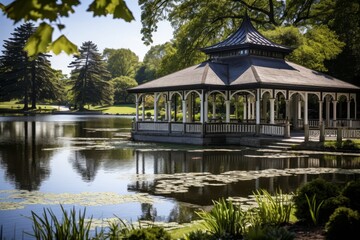 Obraz premium A Peaceful Midday Scene at a Gothic-inspired Park Pavilion by a Calm Lake with Swans