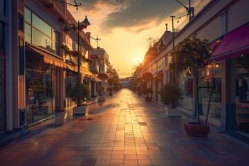 Fototapeta premium Serene Sunset Over a Peaceful, Deserted City Shopping Street