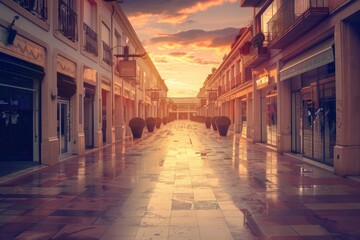 Obraz premium Serene Sunset over a Deserted Shopping Street in a Quaint Town