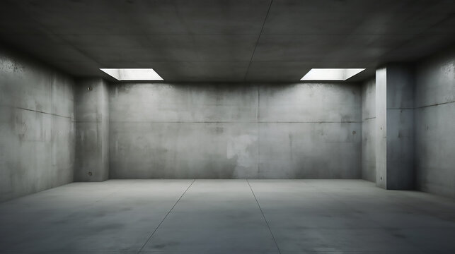 A concrete room with a light on the ceiling