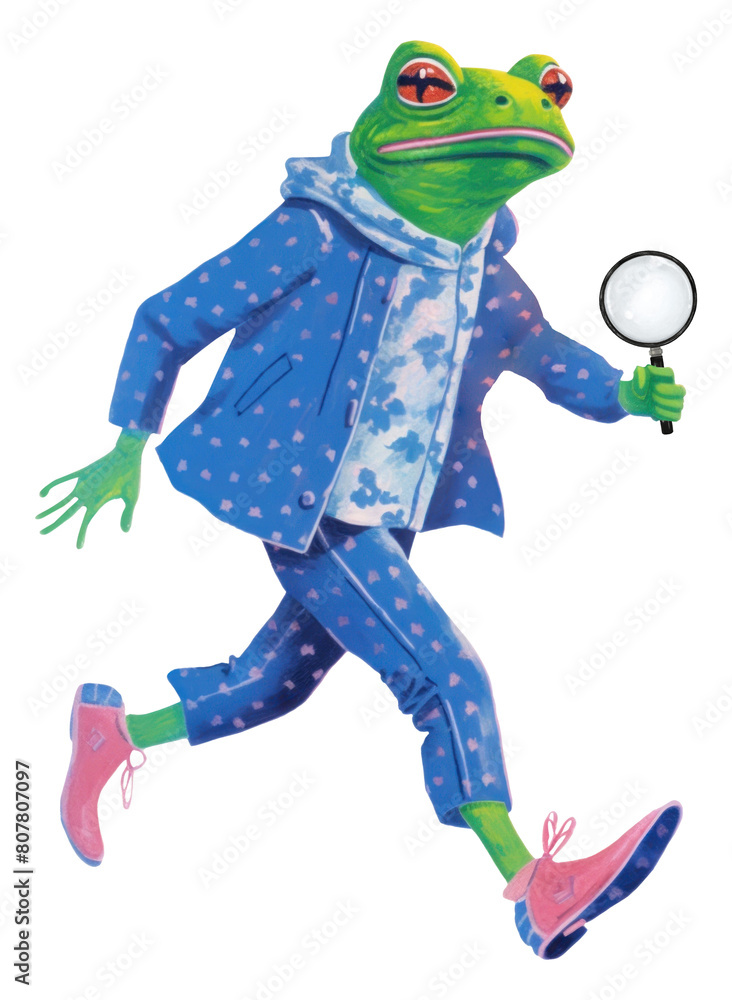 Poster Frog character png holding magnifying glass digital art illustration, transparent background