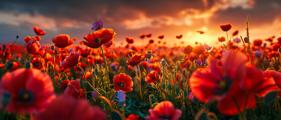 Obraz premium Idyllic Summer Meadow with Blooming Red Poppies at Sunset, Vibrant Countryside Landscape, Seasonal Natural Beauty