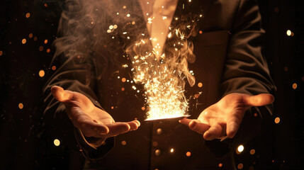 Male Illusionist demonstrates a trick. Magic background
