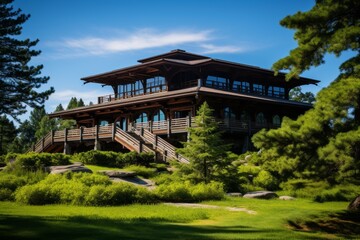 Obraz premium A Sunny Day at the Rustic Wooden National Park Service Center Surrounded by Lush Greenery