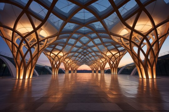 Illuminated Gridshell Architecture: An Innovative Exhibition Hall at Twilight