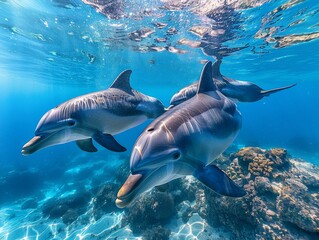 Dolphins swimming underwater in ocean during summer in a beautiful submarine landscape view