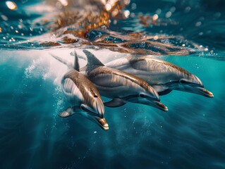 Obraz premium Dolphins swimming underwater in ocean during summer in a beautiful submarine landscape view