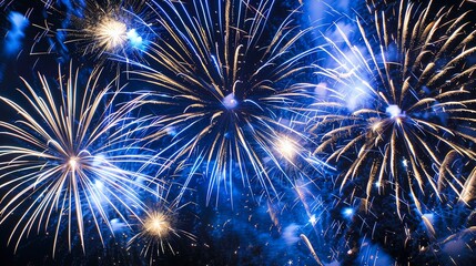 An array of spectacular firework bursts, ranging from intense blues to bright whites, set against a pitchblack sky