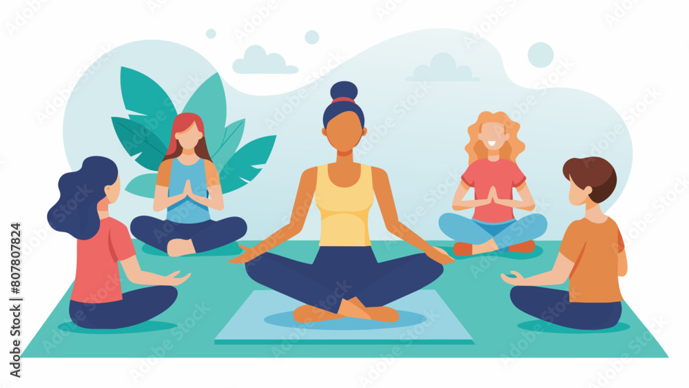 Poster soft instrumental music plays in the background as the yoga instructor guides the group through a se