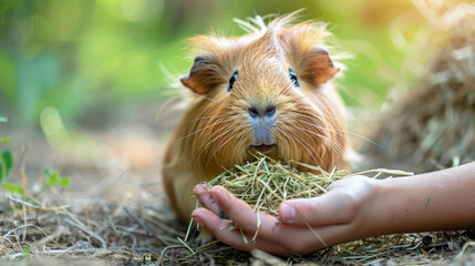 Children petting zoo with hands offering hay to a guinea pig