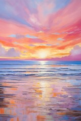 Sunset over ocean with vivid pink and orange sky reflected in water, vertical oil painting