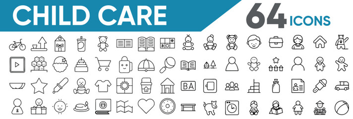 Set of line icons related to child care, international children day, kid rights, parenthood. Outline icon collection. Editable stroke. Vector illustration