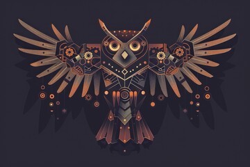 A stylized owl with a metallic look and a black background. The owl is surrounded by a lot of dots and lines