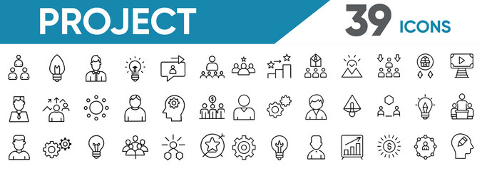 Set of 39 line icons related to project, startup, management, business. Editable stroke. Outline icon collection. Vector illustration