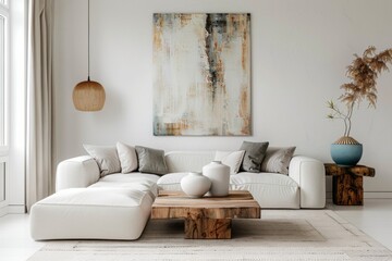 Modern interior design of a living room with a wooden coffee table and an abstract painting on the wall