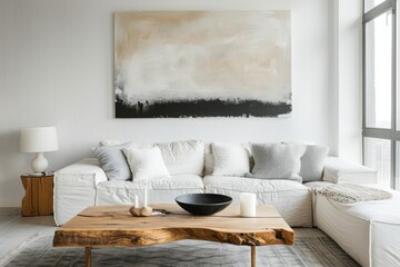 Modern interior design of a living room with a wooden coffee table and an abstract painting on the wall