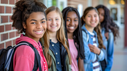 diverse group of teen students in school standing in row smiling and looking at camera
