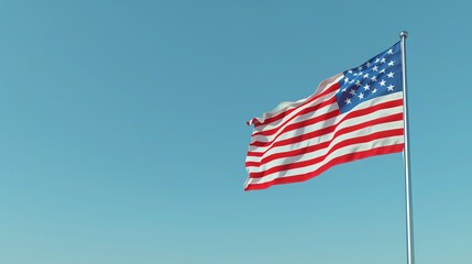 United States of America flag waving, correct proportions and colors, 4K realistic, clear blue sky background