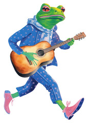 Musician frog character png holding guitar digital art illustration, transparent background
