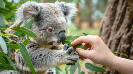 Obraz premium Eucalyptus grove with hands feeding eucalyptus leaves to a koala