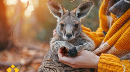Wildlife sanctuary with hands holding baby kangaroo