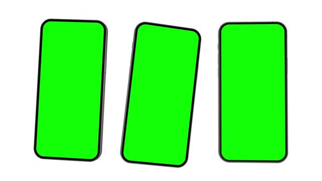 Three smartphones with blank screens fly in from the left side, the clip includes luma matte chroma key and tracking plane with marks. Mobile app promo template