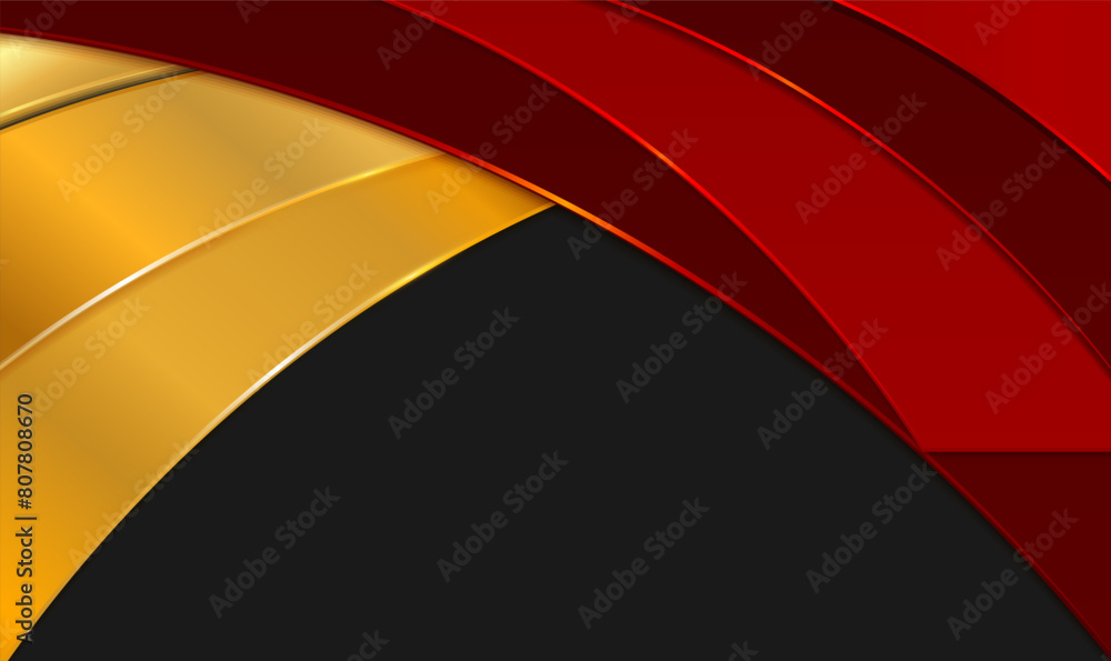 Poster 3d red and gold luxury abstract background overlap layers on dark space with golden lines effect. lu