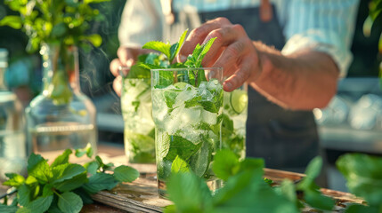 Outdoor terrace with hands garnishing a refreshing minty mojito.