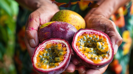 Tropical paradise with hands scooping out the sweet flesh of a passion fruit.