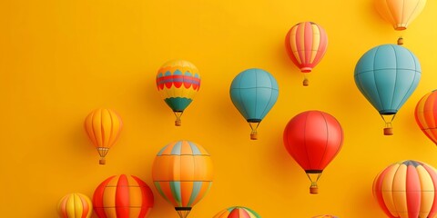 A pattern of multiple hot air balloons with various designs fills the frame against a sunny yellow backdrop depicting joy and leisure