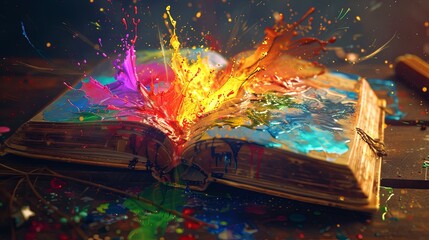 Colorful paint splashing from an open book on a dark background