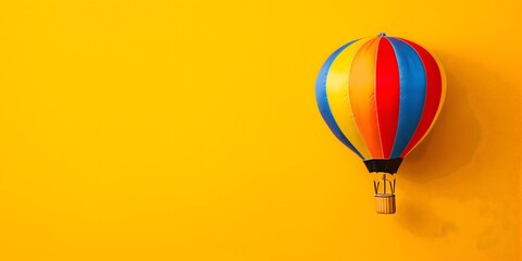 An eye-catching image of a colorful hot air balloon in flight against a bold yellow background creating a sense of adventure and freedom