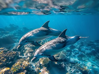 Fototapeta premium Dolphins swimming underwater in a beautiful landscape submarine view at summer
