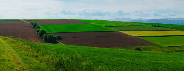 Beskid Żywiecki, widok z Pogórza Wilamowickiego. Panorama wiosną z pięknymi zielonymi łąkami...