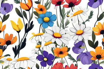 A seamless pattern of rainbow-colored wildflowers.