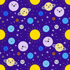 Vector seamless pattern,  solar system with cute kids planets characters,  Earth, Sun, Mercury, Venus, Mars, Jupiter, Saturn, Uranus, Neptune, Pluto.
