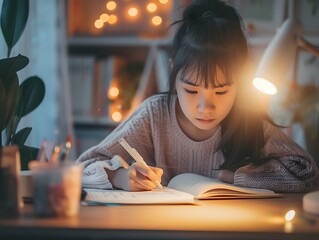 A girl is studying at night using a desk lamp for illumination
