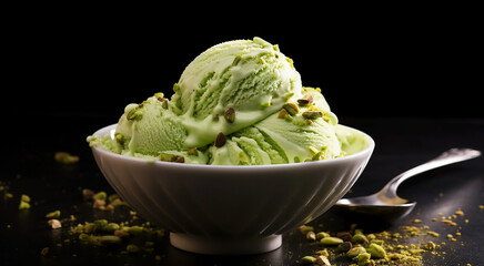 Delicious cold green pistachio ice cream with nuts, in a ceramic plate on a black background