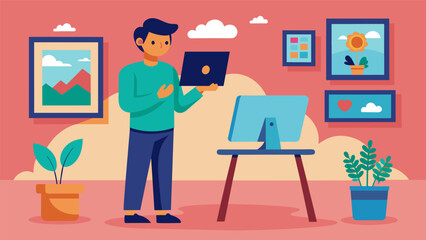 A student hosting a virtual art auction selling their original paintings to raise money for their education.. Vector illustration