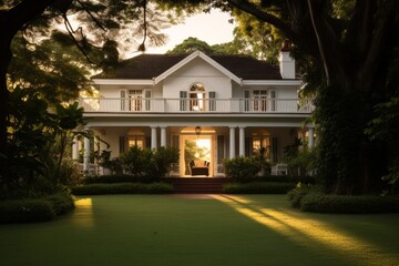 The Warm Embrace of a Sunset on a Grand Classical Colonial Home Surrounded by Verdant Greenery